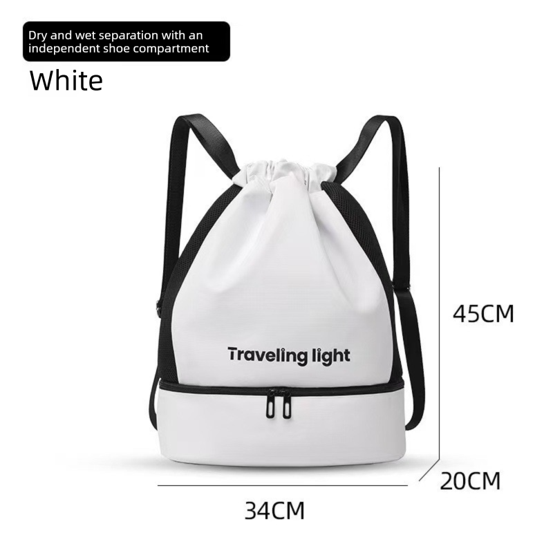 White Waterproof Drawstring Swimming Backpack with Wet Dry Separation and Shoe Compartment for Gym and Yoga Organized Gear Bag for Local Active Lifestyles