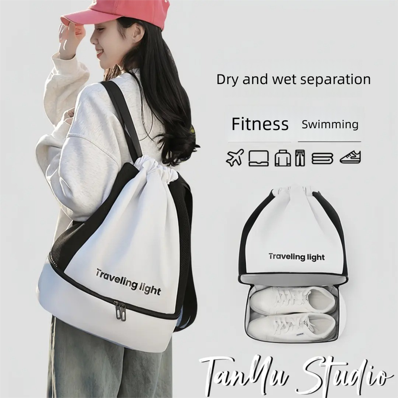 Black Waterproof Drawstring Swimming Backpack with Wet Dry Separation and Shoe Compartment for Gym and Yoga Organized Gear Bag for Local Active Lifestyles