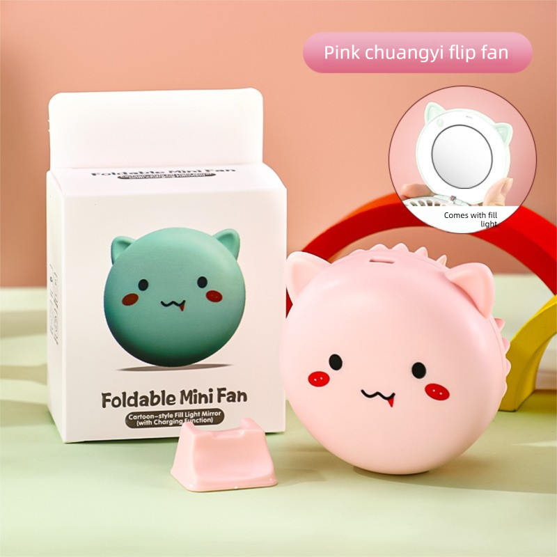 Pink 3-in-1 Mini Portable Fan with Makeup Mirror and LED Fill Light USB Rechargeable Pocket Sized Cooling Solution for Students and Local Professionals