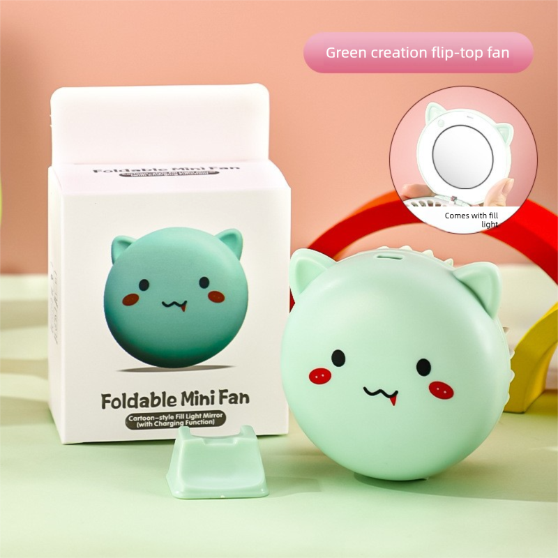 Green 3-in-1 Mini Portable Fan with Makeup Mirror and LED Fill Light USB Rechargeable Pocket Sized Cooling Solution for Students and Local Professionals
