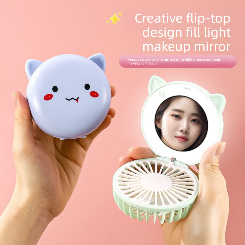 Green 3-in-1 Mini Portable Fan with Makeup Mirror and LED Fill Light USB Rechargeable Pocket Sized Cooling Solution for Students and Local Professionals