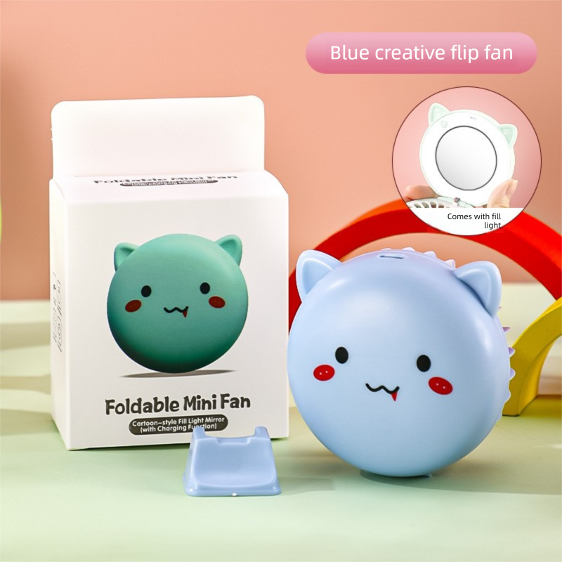 Blue 3-in-1 Mini Portable Fan with Makeup Mirror and LED Fill Light USB Rechargeable Pocket Sized Cooling Solution for Students and Local Professionals