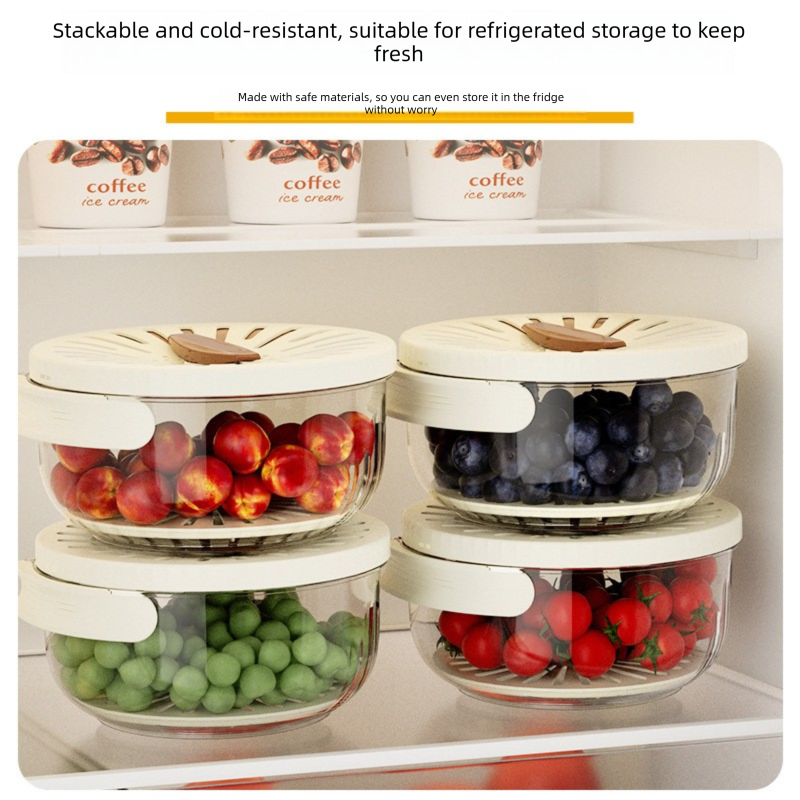 Brown Small Multi-functional Fruit and Vegetable Washing Bowl with Lid and Hidden Handle Double-Layer Drainage Container for Refrigerator Storage and Outdoor Picnic Efficient Food Preservation for Local Standard Kitchens