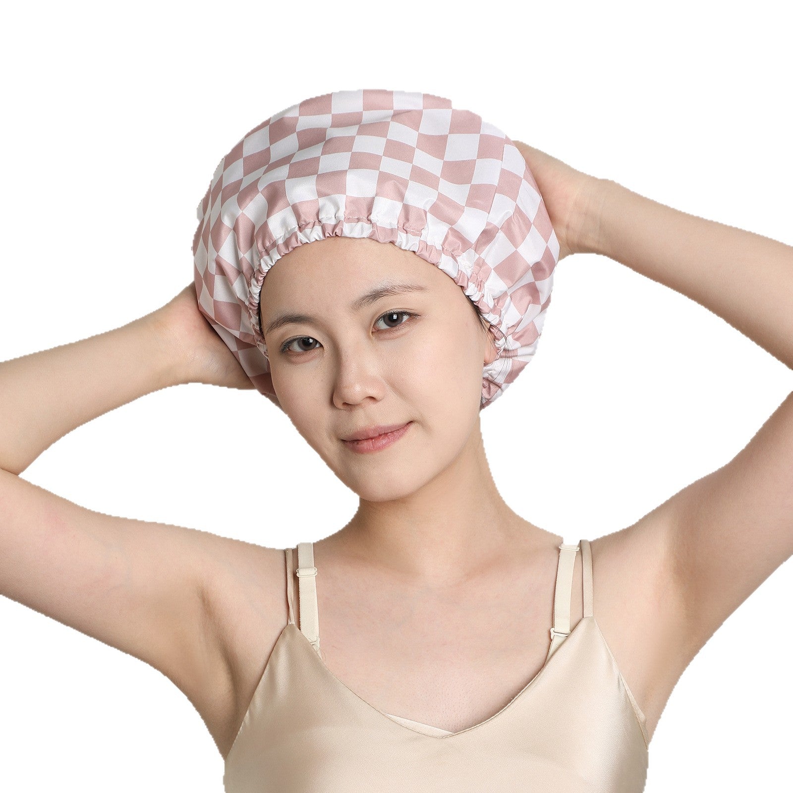 Coffee Grid Premium Double-Layer Waterproof Shower Cap for Women Long Hair Protection Stylish Reusable Bath Hat for Professional Hair Care at Local Spas and Homes