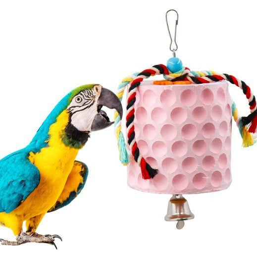 2-Pack Pink Hanging Bird Chew Toy with Bell and Rope, Ideal for Parrots, Squirrels, and Rodents – Durable Wood-Based Grinding Stone for Beak Exercise and Enrichment