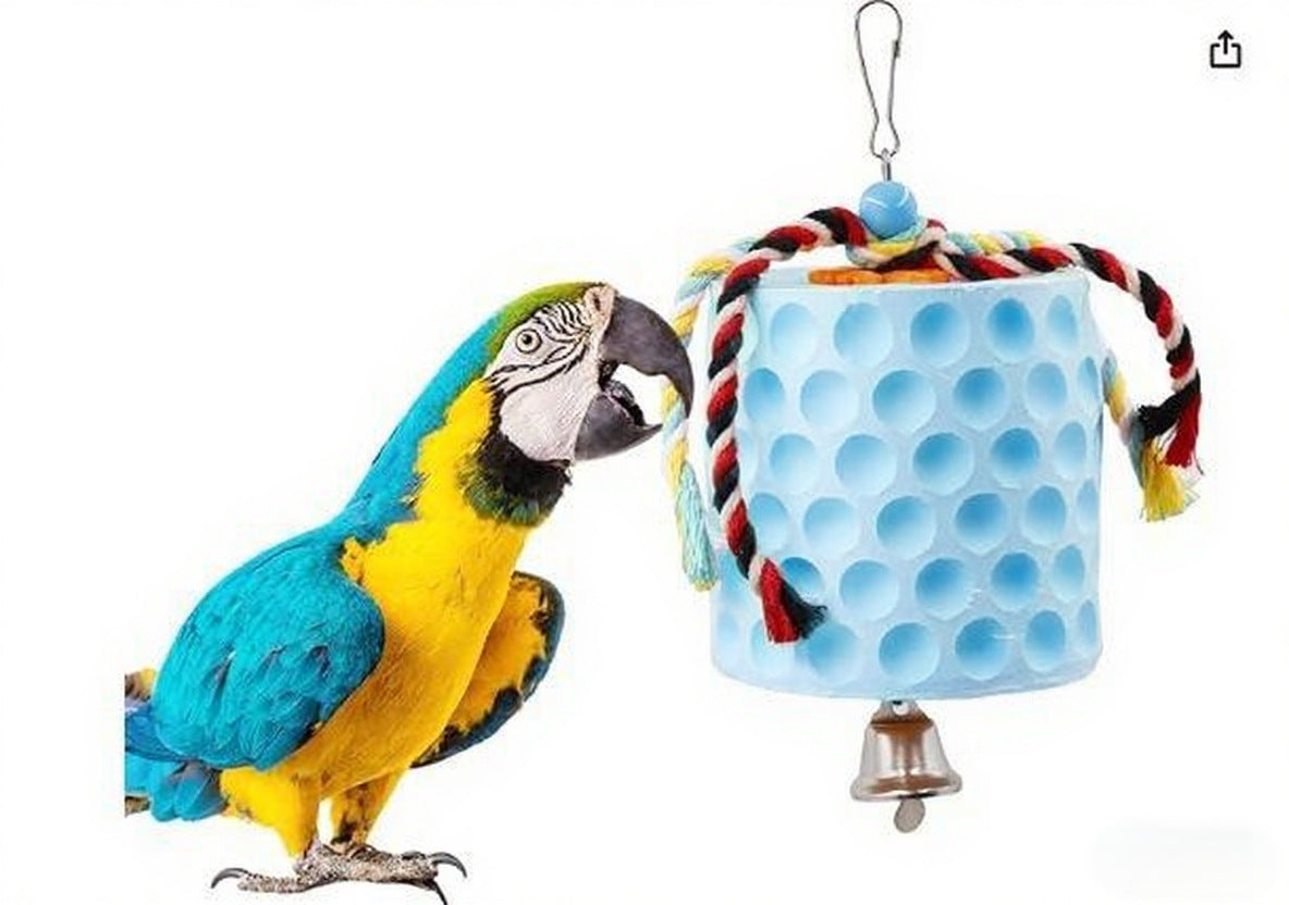 2-Pack Blue Hanging Bird Chew Toy with Bell and Rope, Ideal for Parrots, Squirrels, and Rodents – Durable Wood-Based Grinding Stone for Beak Exercise and Enrichment