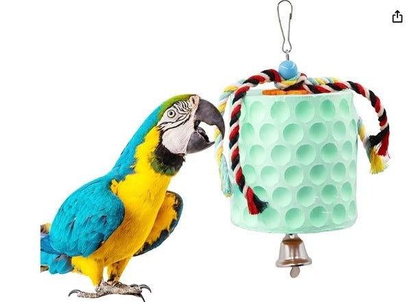 2-Pack Green Hanging Bird Chew Toy with Bell and Rope, Ideal for Parrots, Squirrels, and Rodents – Durable Wood-Based Grinding Stone for Beak Exercise and Enrichment
