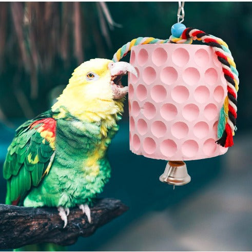 2-Pack Green Hanging Bird Chew Toy with Bell and Rope, Ideal for Parrots, Squirrels, and Rodents – Durable Wood-Based Grinding Stone for Beak Exercise and Enrichment