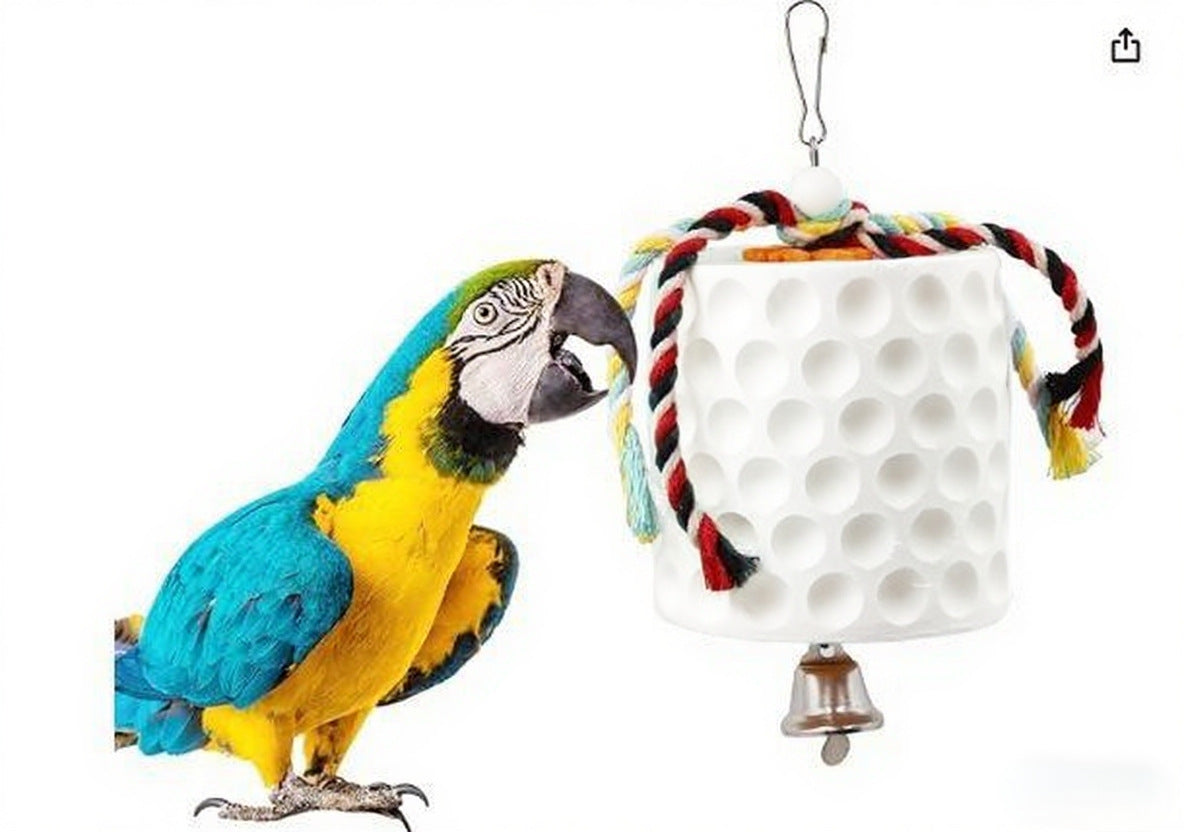 2-Pack White Hanging Bird Chew Toy with Bell and Rope, Ideal for Parrots, Squirrels, and Rodents – Durable Wood-Based Grinding Stone for Beak Exercise and Enrichment