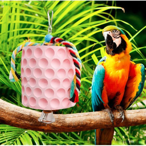 2-Pack White Hanging Bird Chew Toy with Bell and Rope, Ideal for Parrots, Squirrels, and Rodents – Durable Wood-Based Grinding Stone for Beak Exercise and Enrichment