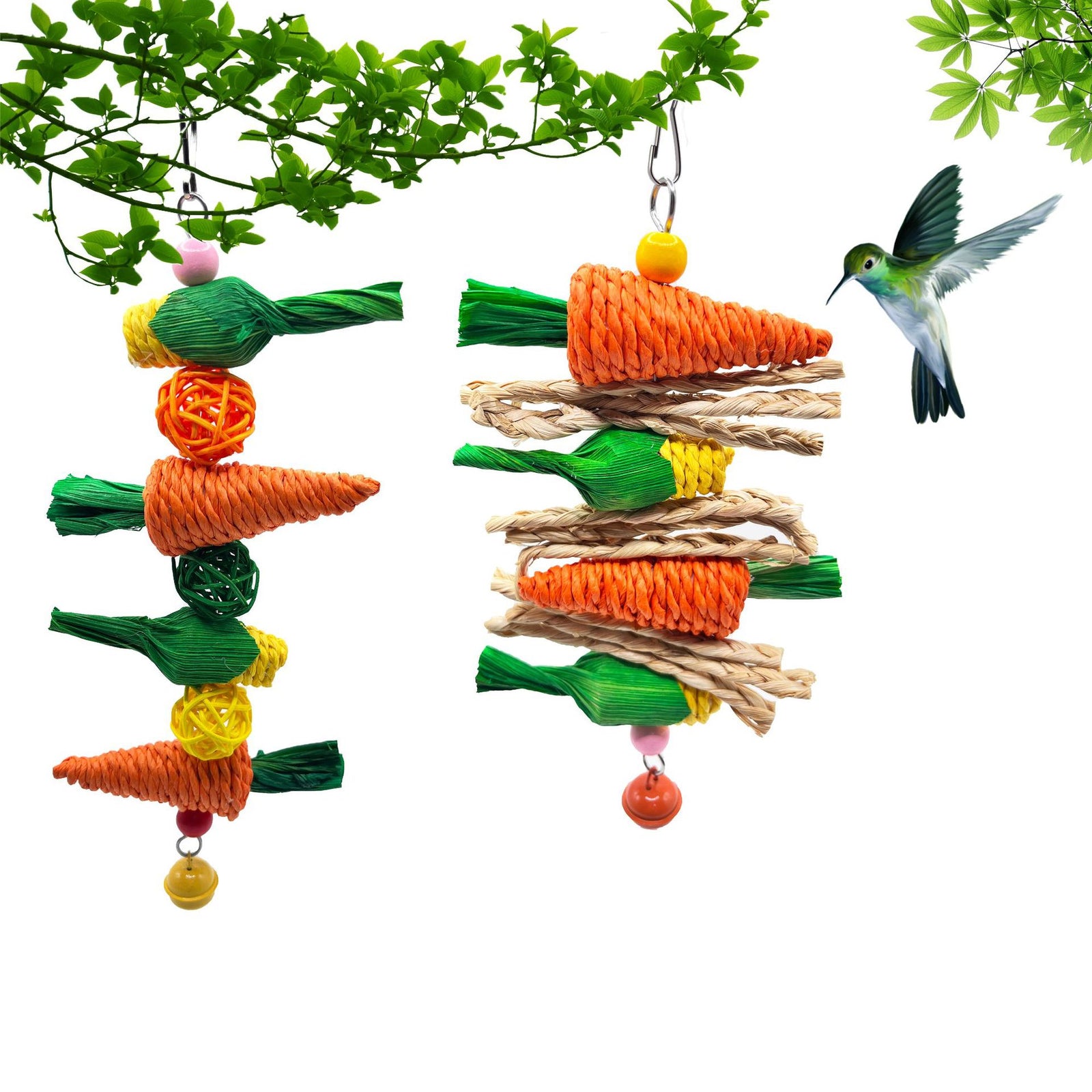 2-Pack Radish and sweetcorn skewers Bird Chew Toy for Parrots, Budgies, Hamsters, Rabbits & Small Pets – Hanging Carrot-Shaped Enrichment Toy with Natural Fibers for Beak Grinding and Mental Stimulation