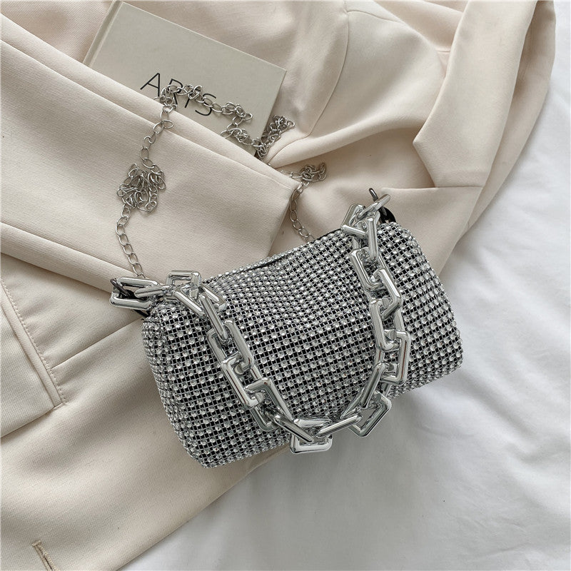 Silver Mini Shoulder Bag for Women – Rhinestone-Embellished Pillow-Shaped Chain Bag with Fashionable Metal Hardware and Compact Design