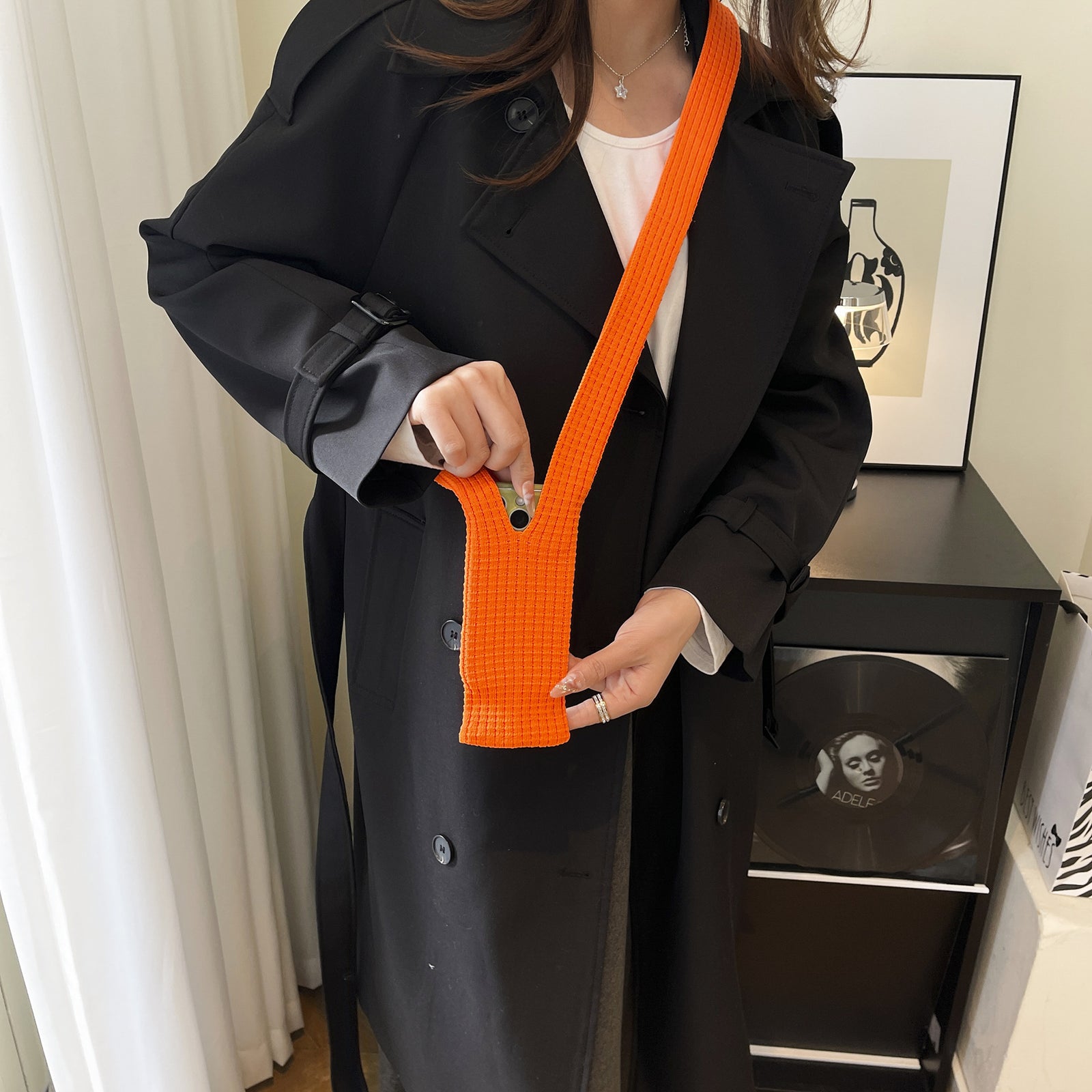 Orange High-Elastic Knit Long Phone Sling Bag – Adjustable Crossbody Streetwear Accessory for iPhone with Stretchy Ribbed Design