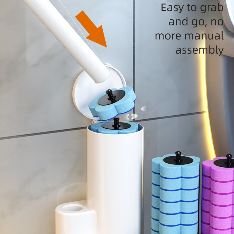White Disposable Toilet Brush Set with Built-in Cleaner – Wall-Mountable, No-Drill Bathroom Cleaning Kit with Replaceable Heads(10 ocean-cleaning cotton pads)