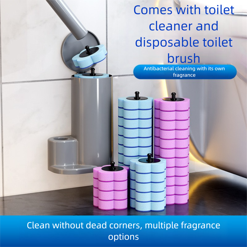 White Disposable Toilet Brush Set with Built-in Cleaner – Wall-Mountable, No-Drill Bathroom Cleaning Kit with Replaceable Heads(10 ocean-cleaning cotton pads)