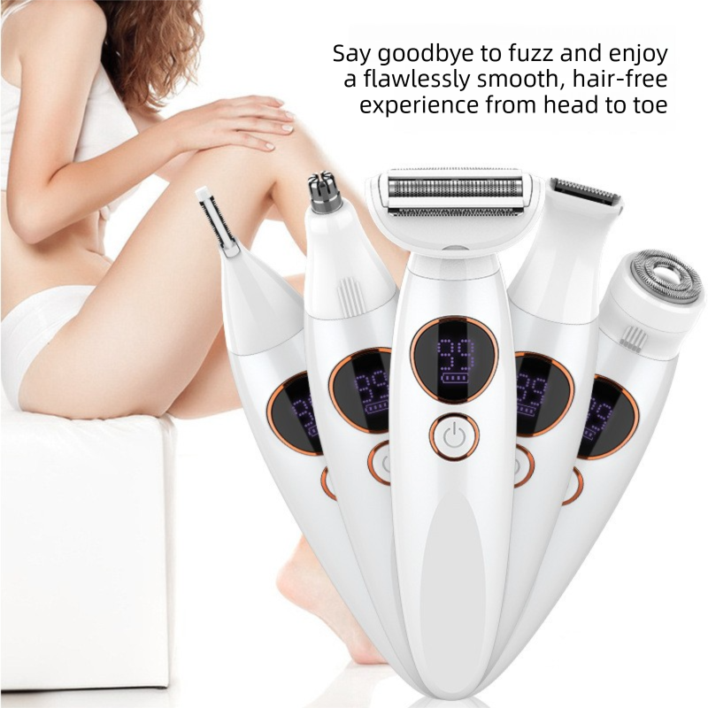 White 5-in-1 Women's Hair Removal Epilator – Multi-Function Body Grooming Kit with Waterproof Design, LED Display & USB Charging