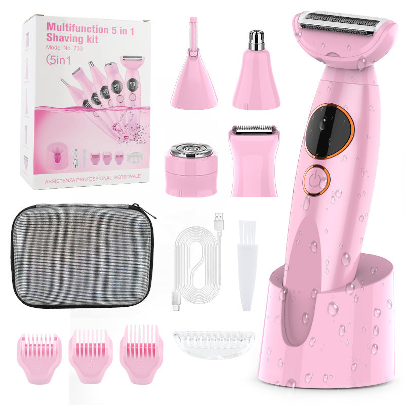 Pink 5-in-1 Women's Hair Removal Epilator – Multi-Function Body Grooming Kit with Waterproof Design, LED Display &amp; USB Charging