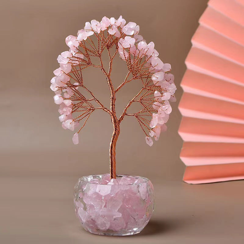 Pink Natural Crystal Tree Ornament – Handmade Miniature Decorative Tree with Glass Base for Home, Office &amp; Gift