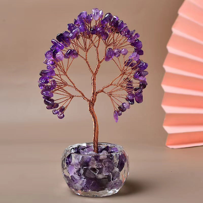 Purple Natural Crystal Tree Ornament – Handmade Miniature Decorative Tree with Glass Base for Home, Office & Gift