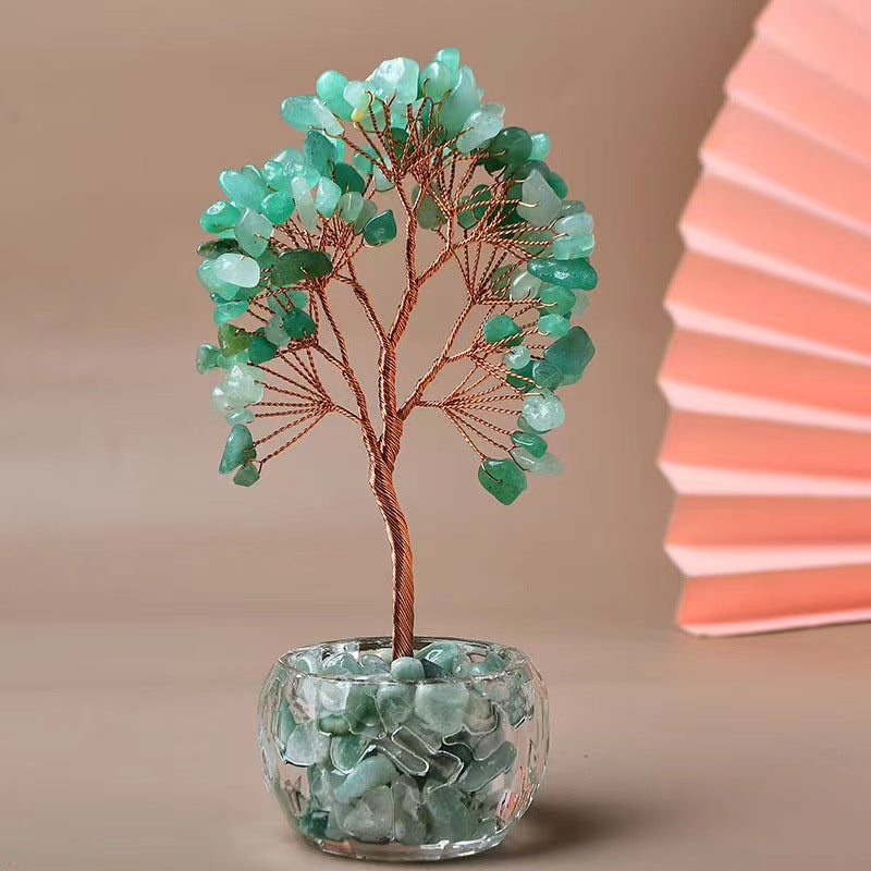 Green Natural Crystal Tree Ornament – Handmade Miniature Decorative Tree with Glass Base for Home, Office &amp; Gift