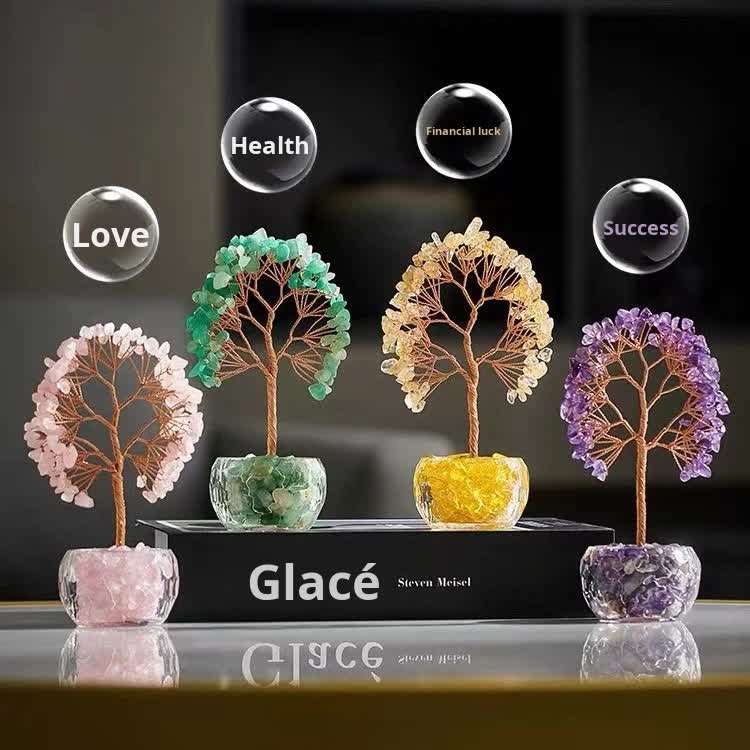 Green Natural Crystal Tree Ornament – Handmade Miniature Decorative Tree with Glass Base for Home, Office & Gift