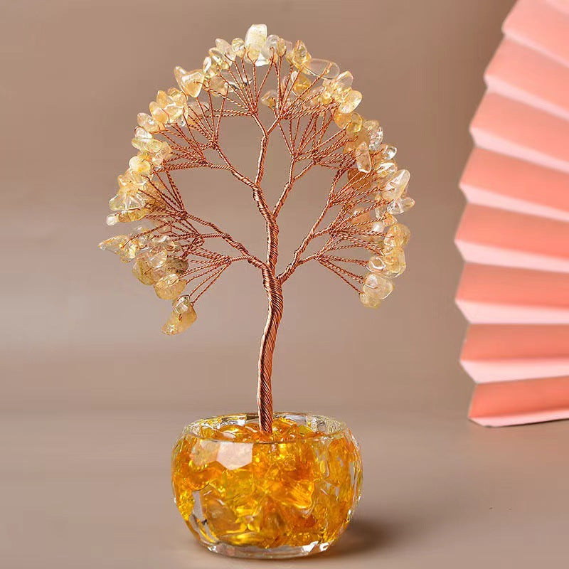 Yellow Natural Crystal Tree Ornament – Handmade Miniature Decorative Tree with Glass Base for Home, Office &amp; Gift