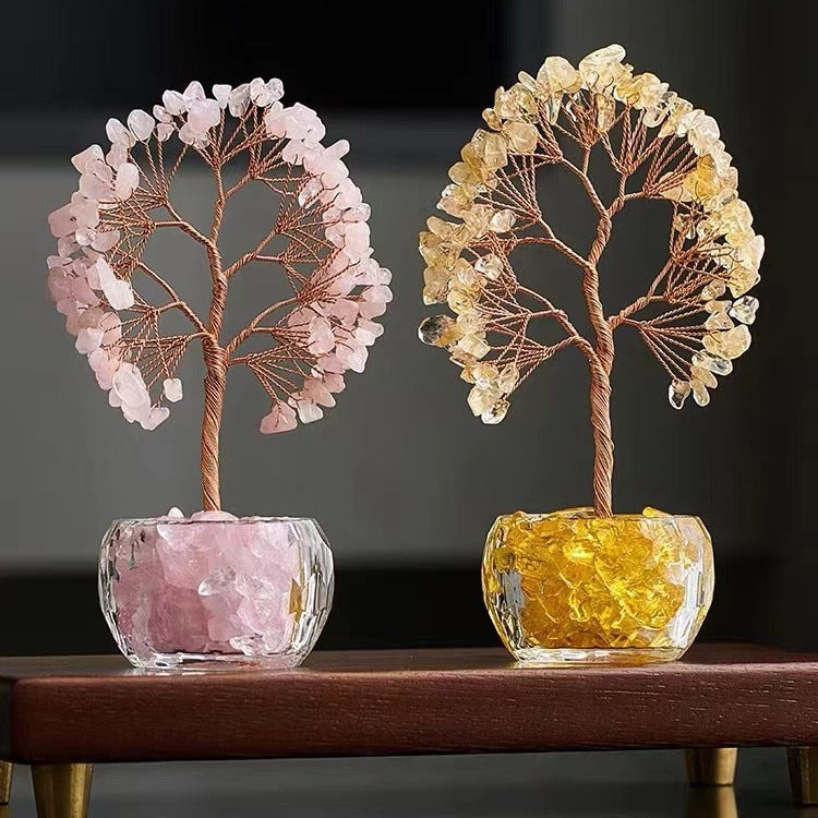 Yellow Natural Crystal Tree Ornament – Handmade Miniature Decorative Tree with Glass Base for Home, Office & Gift