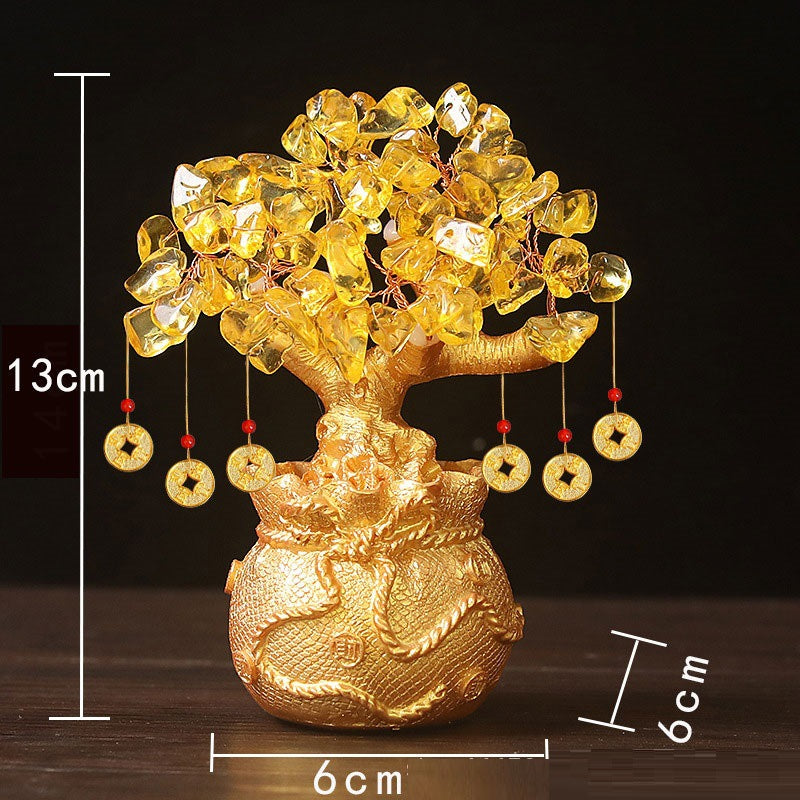 Yellow Handcrafted Crystal Tree Ornament – Resin Money Bag Base with Hanging Coin Charms for Home &amp; Office Decor