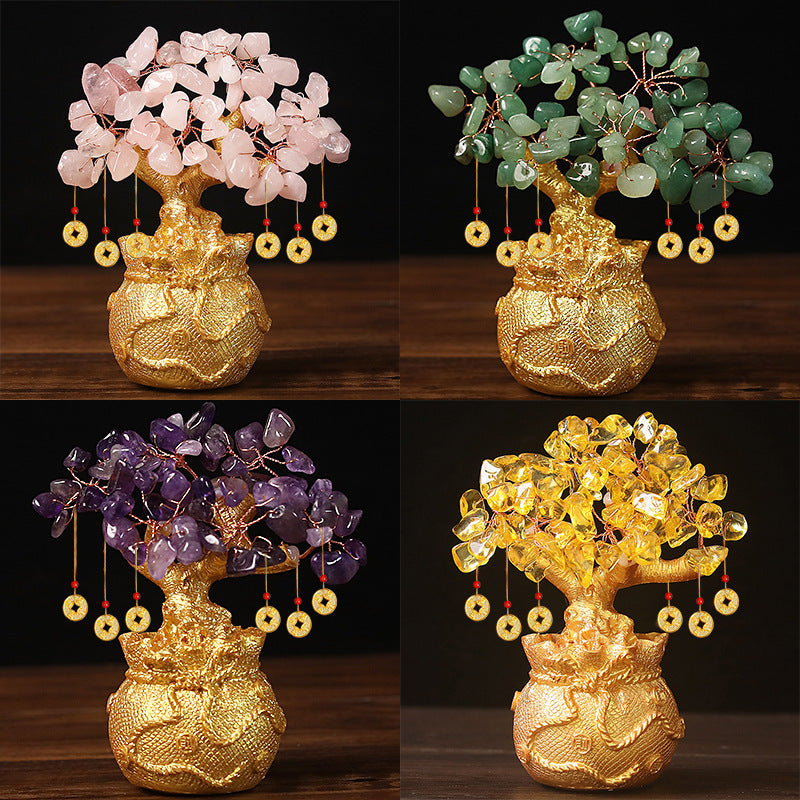 Yellow Handcrafted Crystal Tree Ornament – Resin Money Bag Base with Hanging Coin Charms for Home & Office Decor