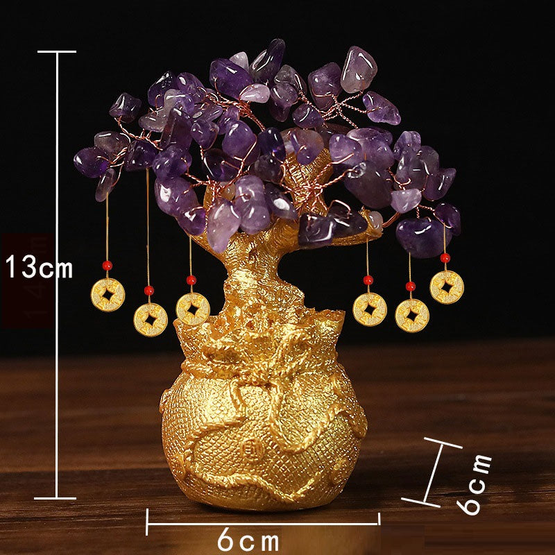 Purple Handcrafted Crystal Tree Ornament – Resin Money Bag Base with Hanging Coin Charms for Home &amp; Office Decor