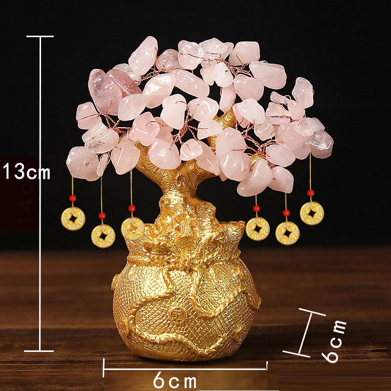 Pink Handcrafted Crystal Tree Ornament – Resin Money Bag Base with Hanging Coin Charms for Home &amp; Office Decor