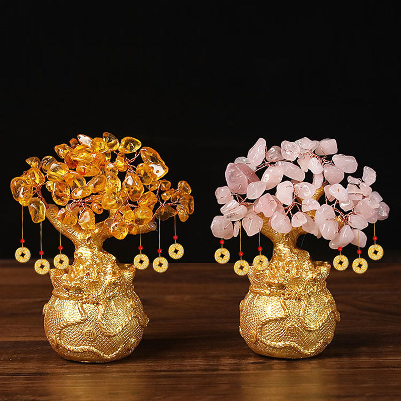 Pink Handcrafted Crystal Tree Ornament – Resin Money Bag Base with Hanging Coin Charms for Home & Office Decor