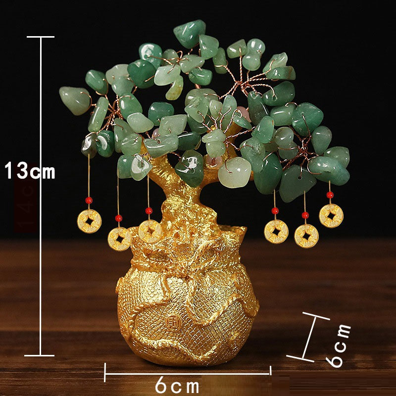 Green Handcrafted Crystal Tree Ornament – Resin Money Bag Base with Hanging Coin Charms for Home &amp; Office Decor