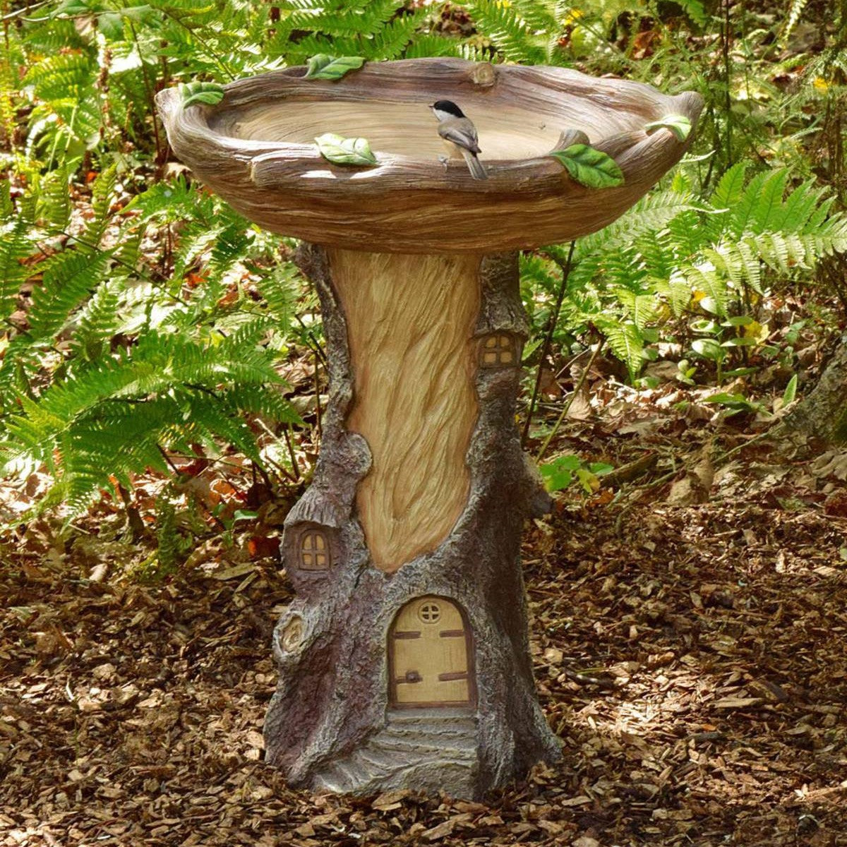 Whimsical Tree Stump Bird Bath – Resin Garden Decor with Fairy House Design for Outdoor &amp; Patio