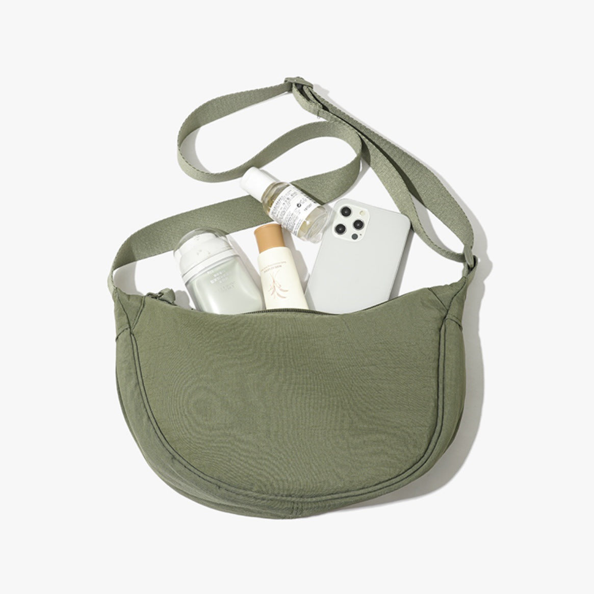 Olive green Lightweight Nylon Crossbody Bag – Compact Saddle Style with Adjustable Strap for Everyday Use