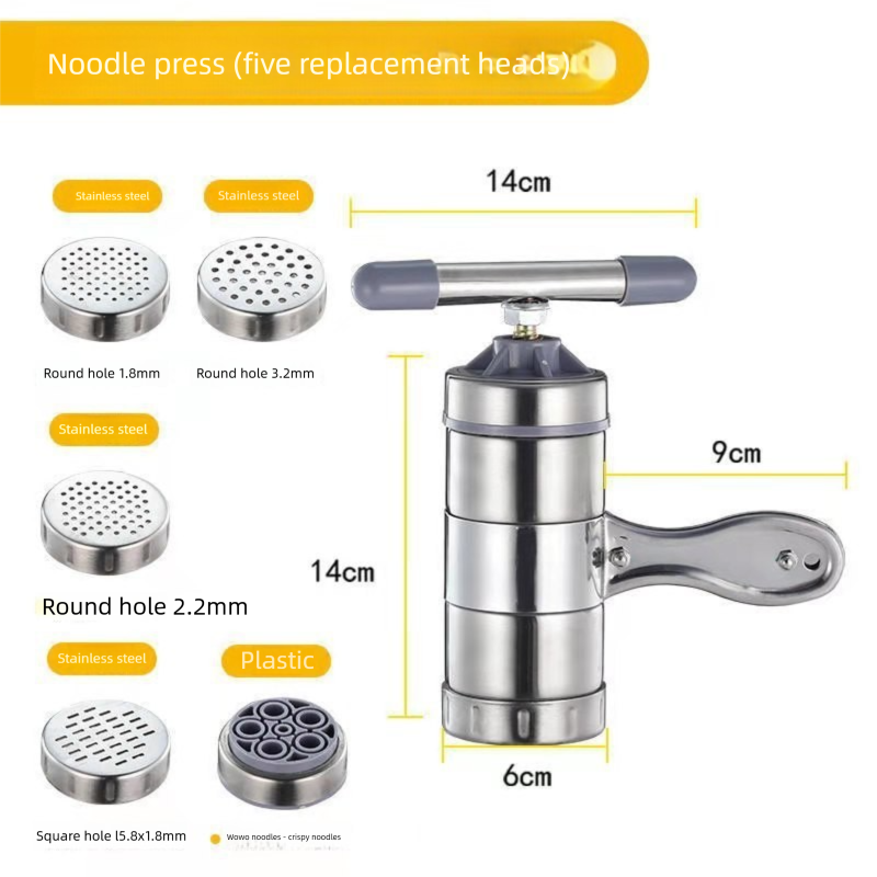 Manual Stainless Steel Noodle Maker with Interchangeable Dies for Homemade Egg Noodles Flatbread and Dumpling Wrappers – Compact Kitchen Tool(Five molds)