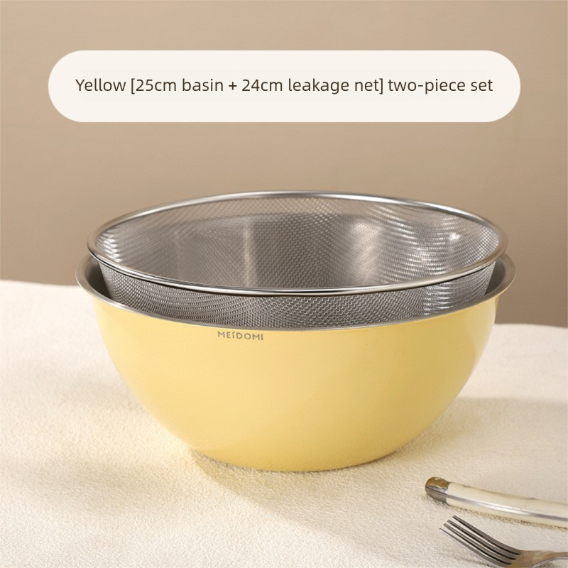Yellow Stainless Steel Mixing Bowl Set with Colander – Double-Layer Kitchen Basin for Salad, Washing, Mixing &amp; Baking