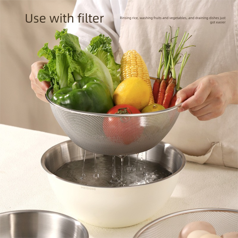 Yellow Stainless Steel Mixing Bowl Set with Colander – Double-Layer Kitchen Basin for Salad, Washing, Mixing & Baking