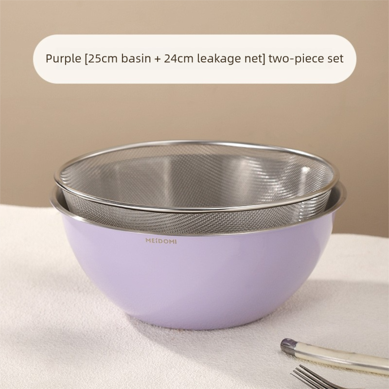 Purple Stainless Steel Mixing Bowl Set with Colander – Double-Layer Kitchen Basin for Salad, Washing, Mixing &amp; Baking