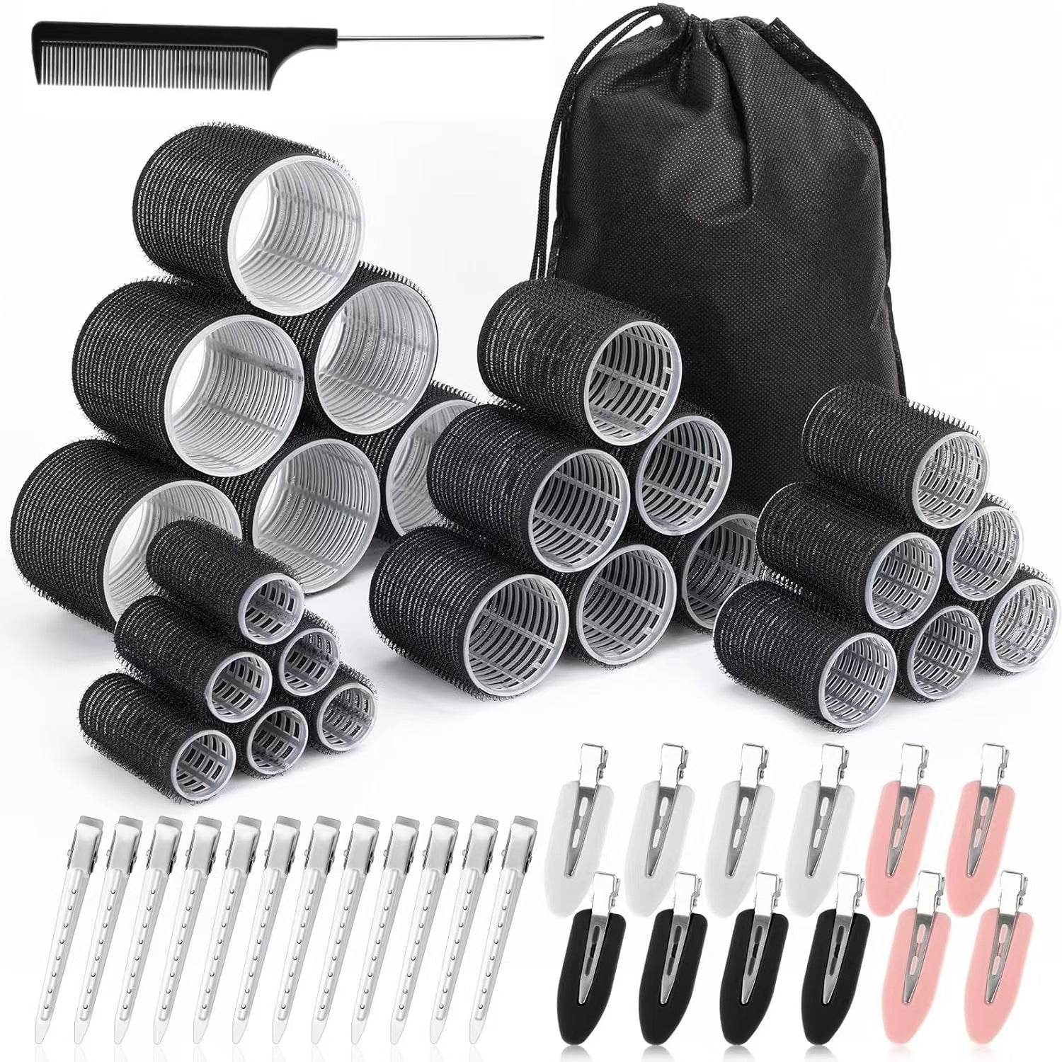 Black 50-Piece Pink Plastic Hair Rollers Set with Clips and Storage Bag for At-Home Styling – Multi-Size Curlers for Voluminous Curls, Waves and Bangs