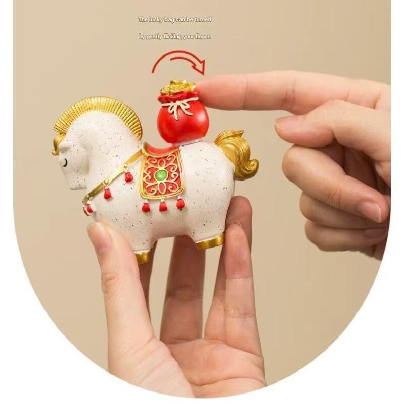 Red New Chinese Style Resin Horse Figurine with Rotating Lucky Bag – Elegant Home or Office Decor for Modern Living Spaces(Good fortune and prosperity shall soon be yours)