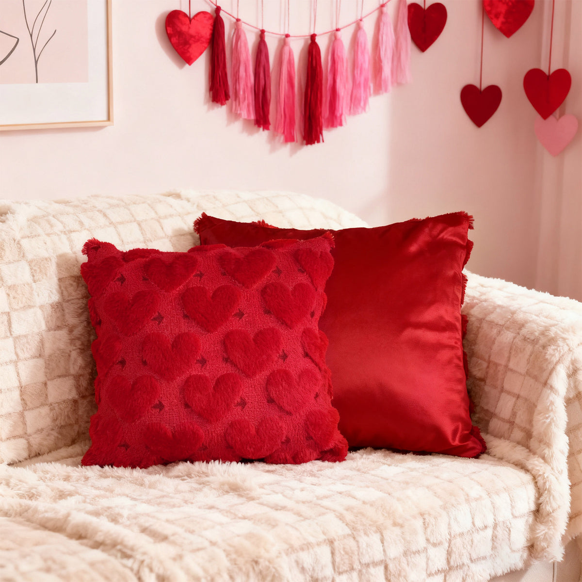2-PCS Red arrow 45x45cm Heart Pattern Plush Pillow Cover with Insert – Soft Textured Decorative Cushion for Living Room or Bedroom