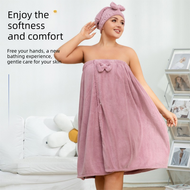 White Plus Size Bath Wrap Dress with Adjustable Elastic Waist and Bow Detail – Soft Absorbent Towel Robe for Post-Shower Comfort
