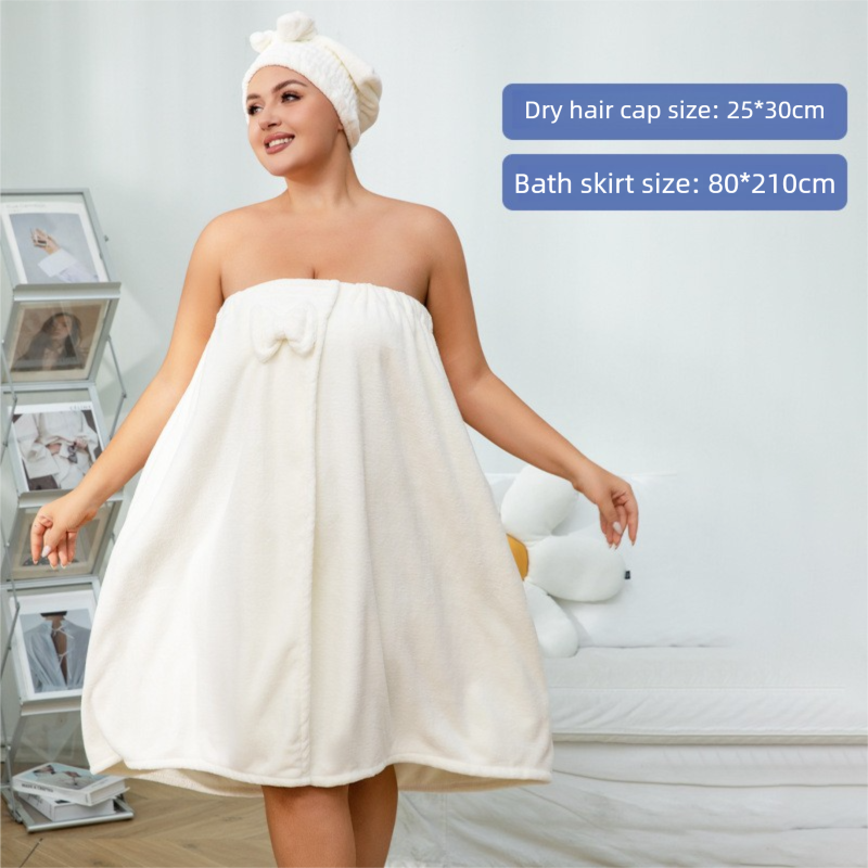 White Plus Size Bath Wrap Dress with Adjustable Elastic Waist and Bow Detail – Soft Absorbent Towel Robe for Post-Shower Comfort
