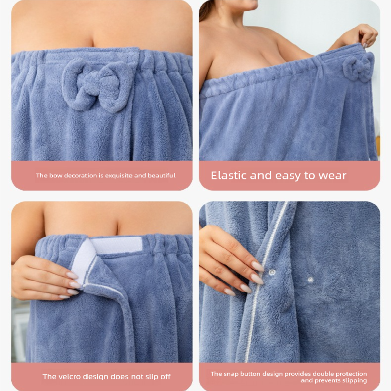 Blue Plus Size Bath Wrap Dress with Adjustable Elastic Waist and Bow Detail – Soft Absorbent Towel Robe for Post-Shower Comfort