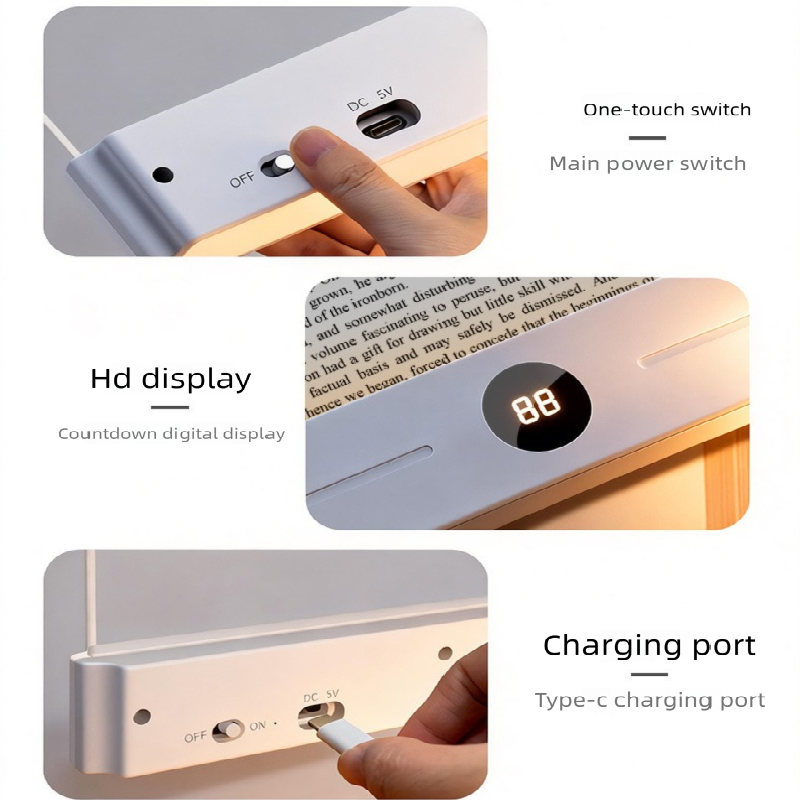 White LED Flat Panel Reading Light with 99m Timer 3 Color Modes Stepless Dimming Rechargeable Eye Protection Book Light for Bedside Dormitory Local Standard
