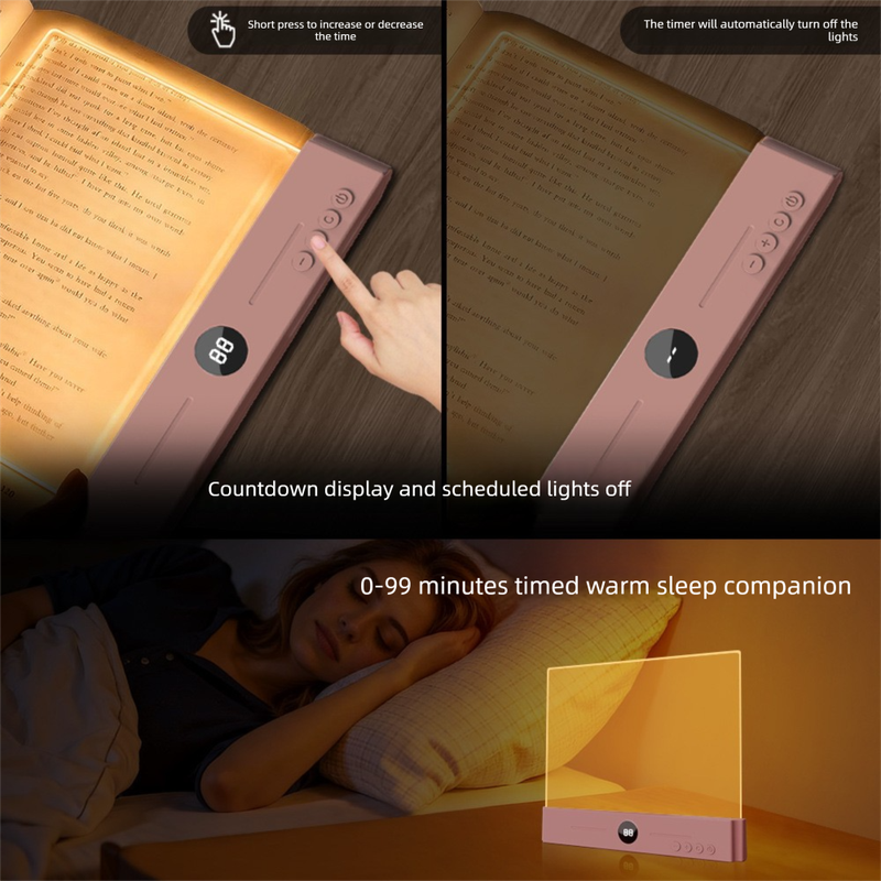 Pink LED Flat Panel Reading Light with 99m Timer 3 Color Modes Stepless Dimming Rechargeable Eye Protection Book Light for Bedside Dormitory Local Standard