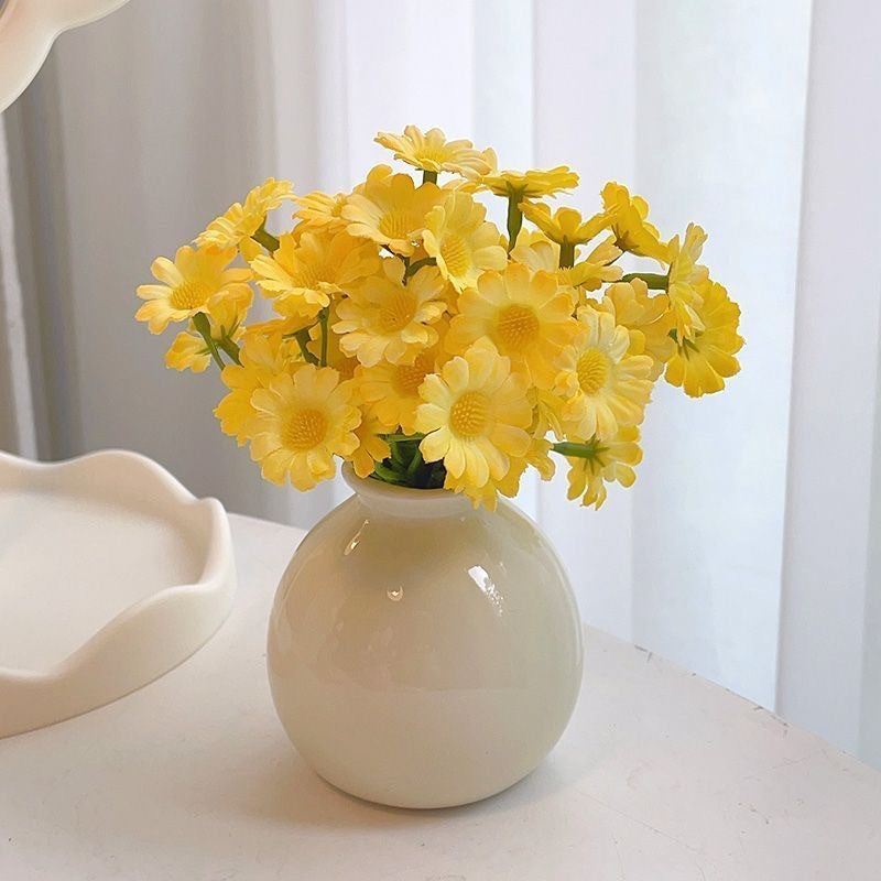 Ceramic Vase with Artificial Flowers Set – Mini Decorative Pot for Home Living Room or Desk Display(White vase with yellow daisies)