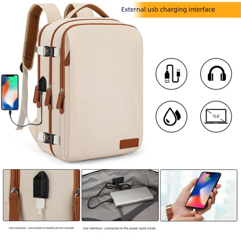 Beige Large Capacity Backpack with USB Charging Port and Waterproof Fabric for Travel Work and Daily Use