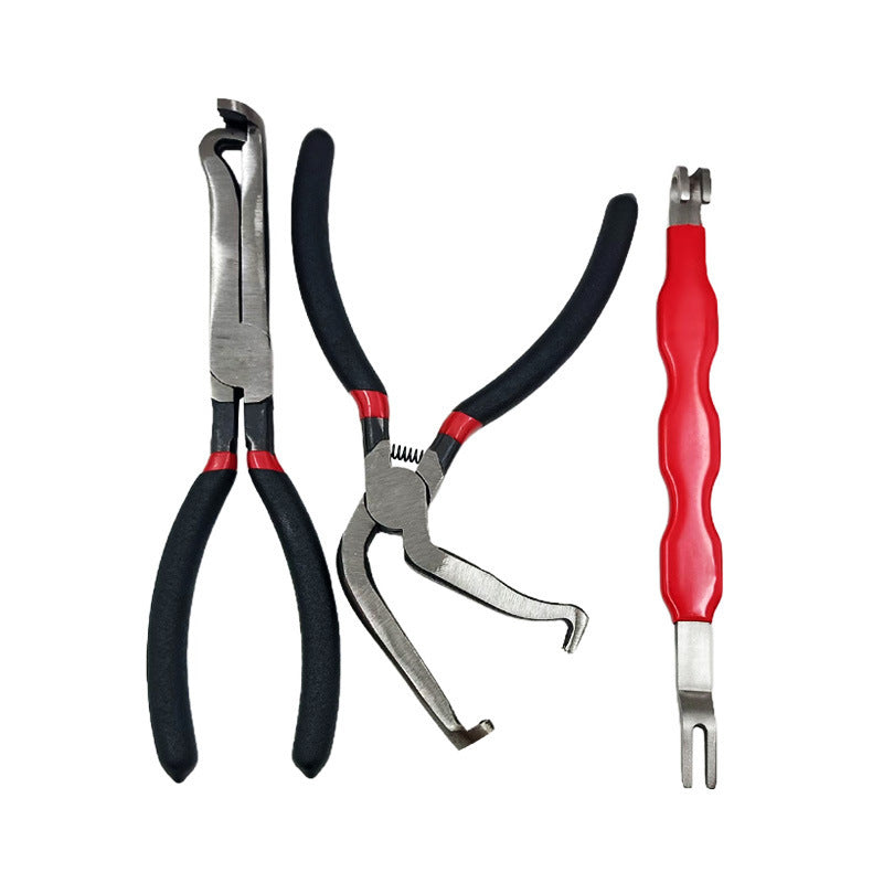 Black and red 3 Piece Automotive Wire Connector Removal Tool Set with Straight Bent and Dual End Pliers for Electrical Harness Disassembly